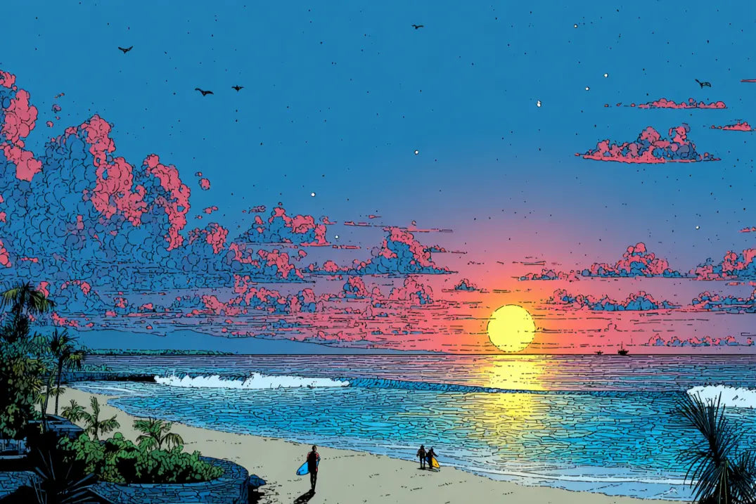 ハワイの海岸からの夕陽