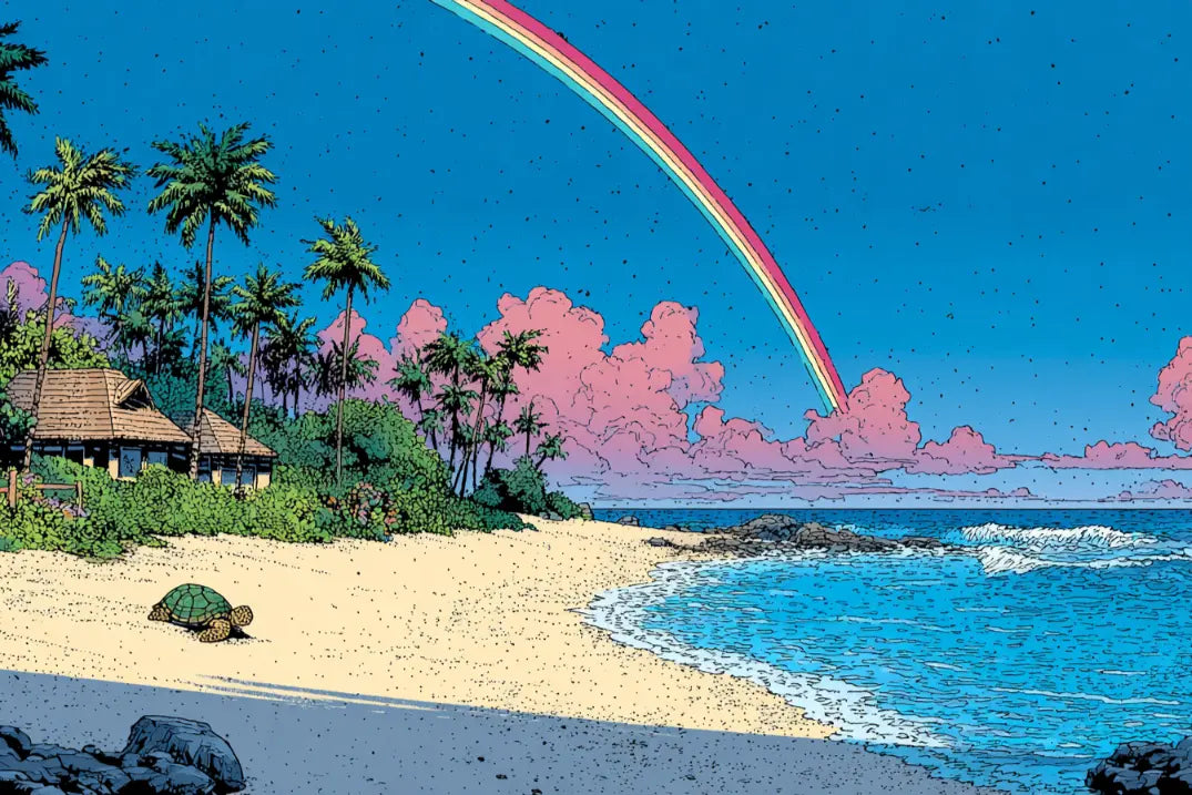 虹と海岸にいるウミガメ