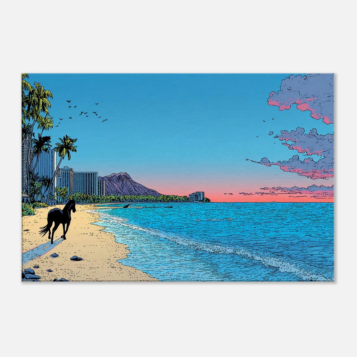 ハワイアンアート ワイキキの夕焼けとダイヤモンドヘッドと海辺の馬の風景 Leaf Aloha