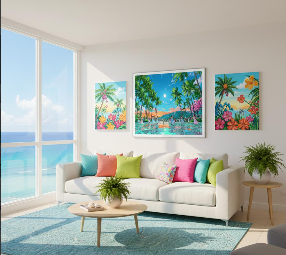 虹の海を歩く幸運のホヌの祈りハワイアンアート