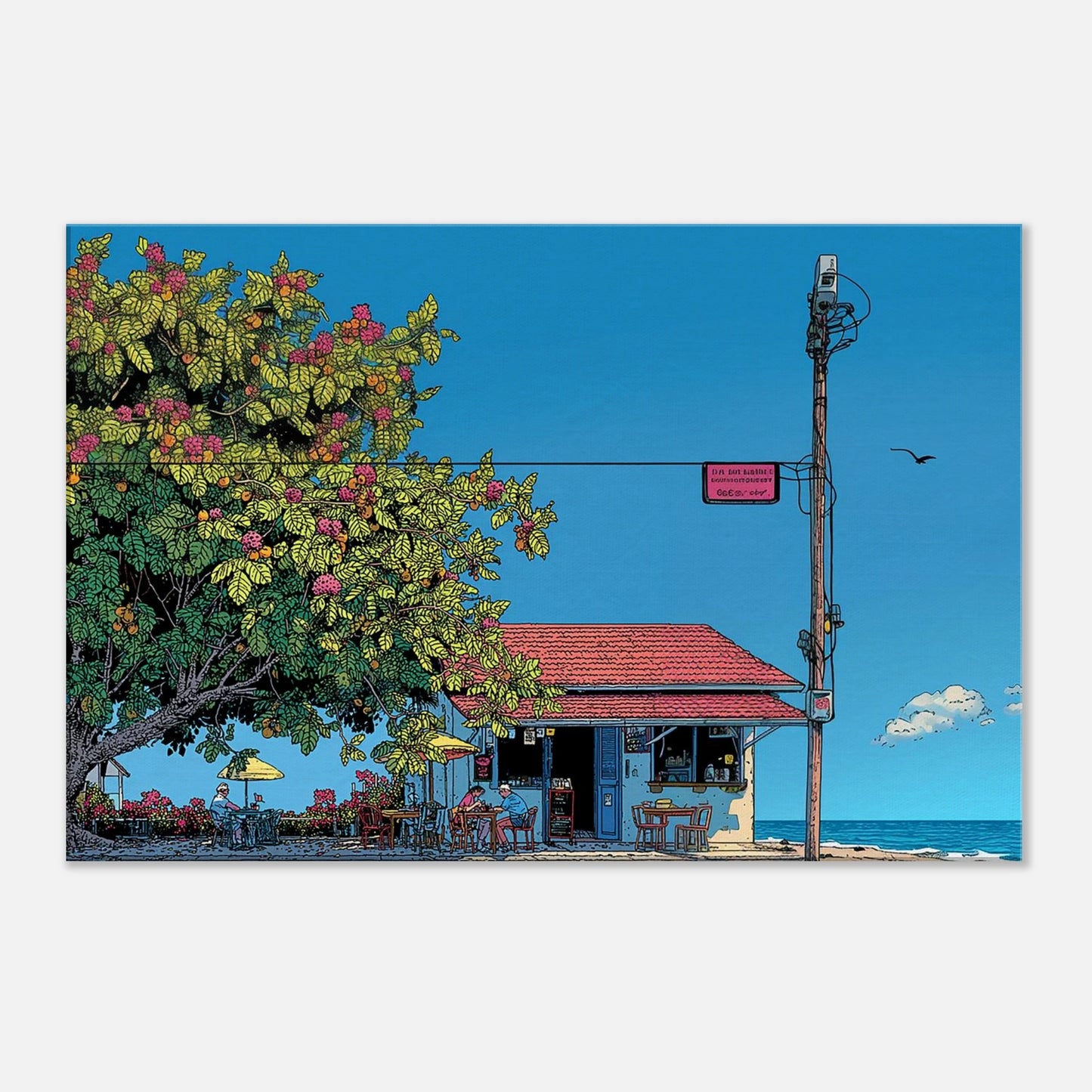 ハワイ ビーチ沿いのカフェと青い海を描いたトロピカル風景アート