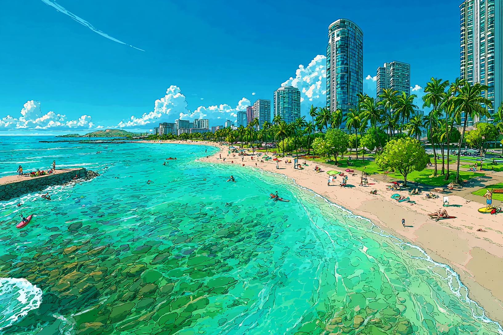 ハワイのビーチと海水浴のハワイアンアート